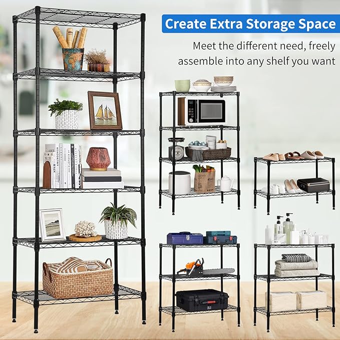 6-Tier Wire Shelving Unit Detachable Storage Shelves with 8 Adjustable Feet 59" H x 23" x 13" Kitchen Storage Rack Adjustable Metal Shelf for Pantry Closet, 900LB Capacity, Black