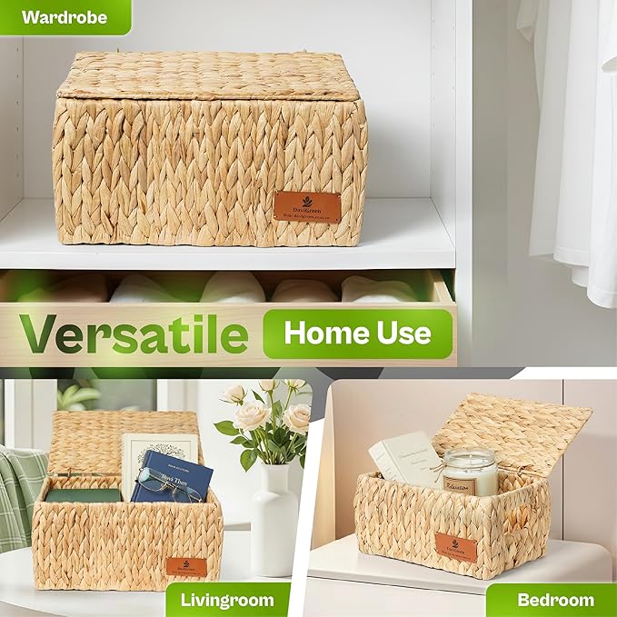 Large Storage Baskets with Lids, Set of 3 Wicker Baskets for Storage, Water Hyacinth Storage Baskets for Shelves, Closet, Blankets, Bedroom & Home Organization