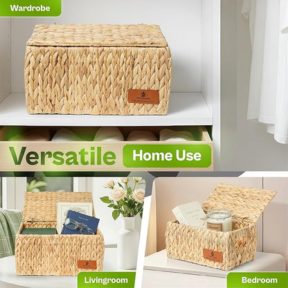 Large Storage Baskets with Lids, Set of 3 Wicker Baskets for Storage, Water Hyacinth Storage Baskets for Shelves, Closet, Blankets, Bedroom & Home Organization