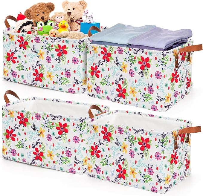 yarlung 4 Pack Floral Storage Bins with Handles, 15"x10.5"x8" Collapsible Large Storage Basket for Laundry, Decorative Fabric Lined Shelf Baskets for Organizing Clothes, Toys, Books