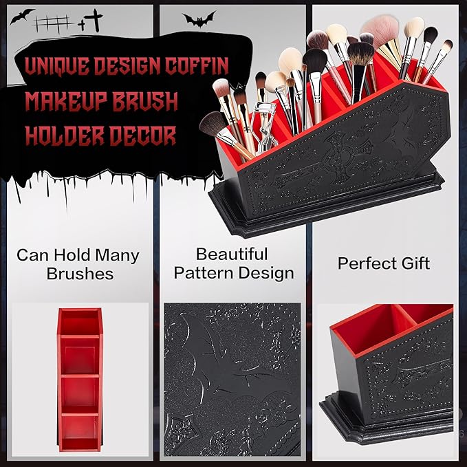 Gothic Coffin Decor Makeup Brush Holder,Spooky Witchy Gifts for Women,Bat Cosmetic Display Cases,Goth Decor Pen Holder, Vanity, Desk, Office Organizer for Bedroom Bathroom (Red)