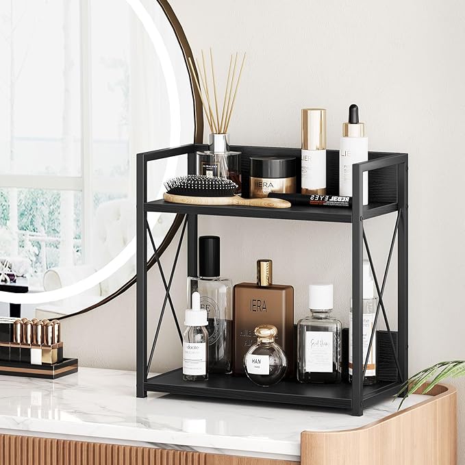 Giikin Kitchen Countertop Organizer, 2 Tier Coffee Bar Organizer, Black Spice Rack for Counter, Kitchen Counter Shelves, Particleboard, Large Size (15.8" L x 7.9" W x 15.8" H), Black
