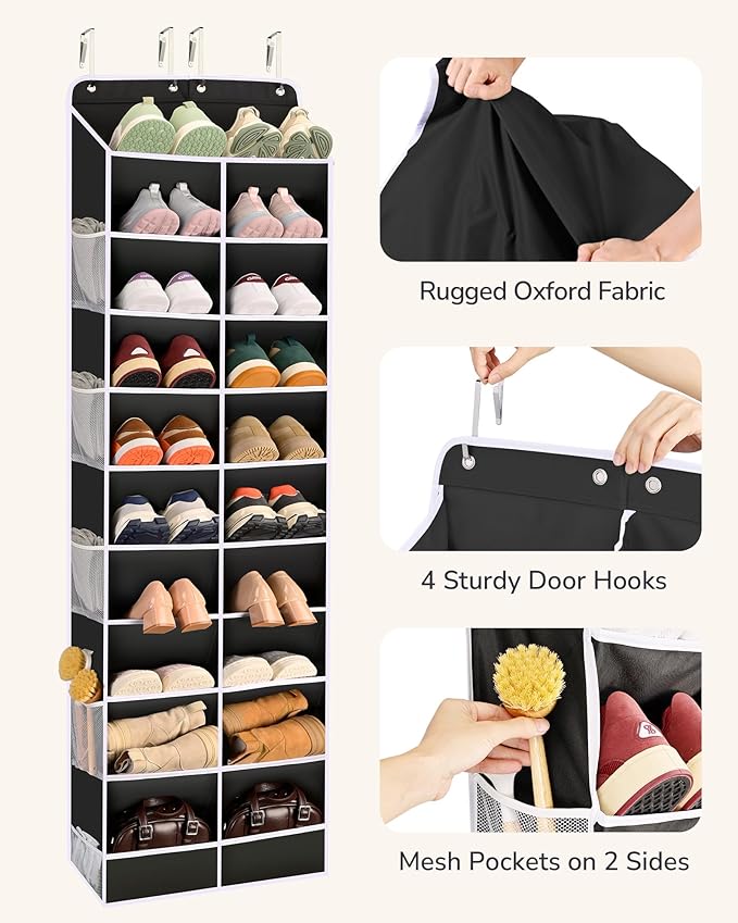 ULG Over The Door Shoe Organizer for Closet Fit 24-32 Pairs with Large Deep Pockets, Narrow Shoe Rack for Door Hanging Boots Storage, Black