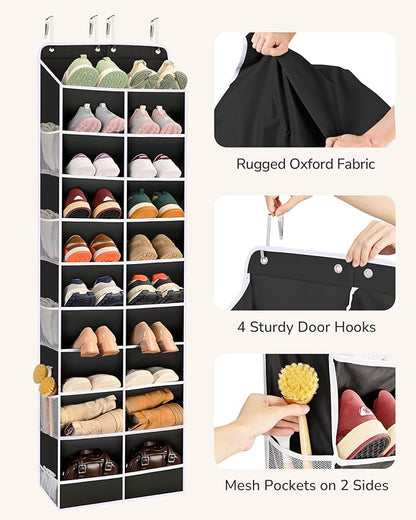 ULG Over The Door Shoe Organizer for Closet Fit 24-32 Pairs with Large Deep Pockets, Narrow Shoe Rack for Door Hanging Boots Storage, Black