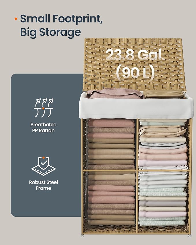 SONGMICS HOME Laundry Hamper with Lid, Clothes Basket with Removable Liner and Handles, 23.8 Gallon, Foldable Narrow Laundry Organizer for Bathroom, Bedroom, Light Brown