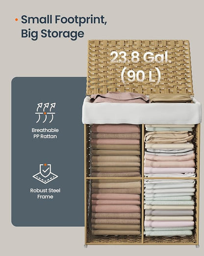 SONGMICS HOME Laundry Hamper with Lid, Clothes Basket with Removable Liner and Handles, 23.8 Gallon, Foldable Narrow Laundry Organizer for Bathroom, Bedroom, Light Brown