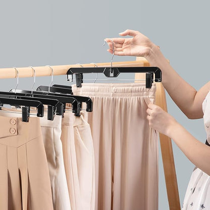 HOUSE DAY Black Pants Hangers with Clips 12 Pack, Plastic Skirt Hangers for Women, 14 Inch Clip Hanger for Pants, Skirts, Jeans, Shorts, Legging, with 360-degree Swivel Hook, 2 Adjustable Clips