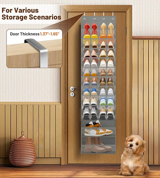 MISSLO 12 Tier Over the Door Shoe Organizer Breathable Mesh Hanging Shoe Rack for Closet Storage Shoe Holder for Door Fit 24 Pairs Sandals, Heels, Boots (Grey)