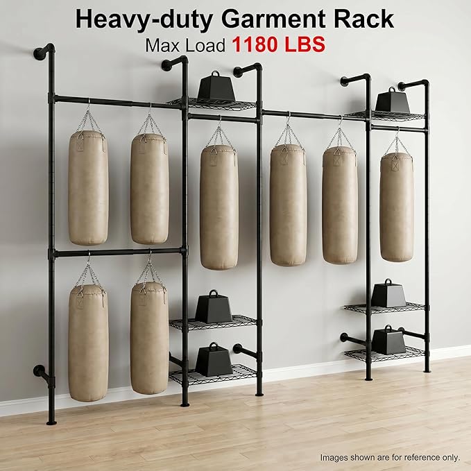 Wall Mounted Closet System – Adjustable Clothing Rack with 6 Hanging Clothes Rods( 4 Expandable Rods) & 6 Shelves, Heavy Duty Industrial Pipe Clothes Rack for Closet Organizer and Storage, Black
