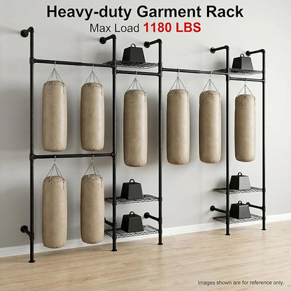 Wall Mounted Closet System – Adjustable Clothing Rack with 6 Hanging Clothes Rods( 4 Expandable Rods) & 6 Shelves, Heavy Duty Industrial Pipe Clothes Rack for Closet Organizer and Storage, Black