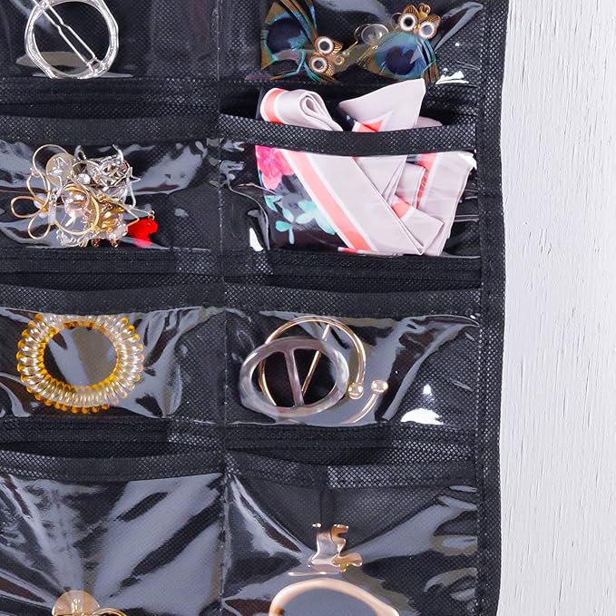 Cemueo Hanging Jewelry Organizer, Double Sided 80 Pocket Jewelry Chain Storage Bag 2 Layer of Fabric Jewelry Organizer Holder for Necklace Bracelet Earring Ring Chain Knitting Tool-Black