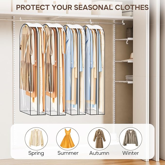 KEETDY 10" Guessted Garment Bags for Hanging Clothes, All Clear 60" Long Dress Bag for Closet Storage for Gowns, Coats, Suits Cover（4 Packs）