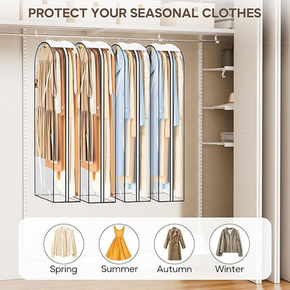 KEETDY 10" Guessted Garment Bags for Hanging Clothes, All Clear 60" Long Dress Bag for Closet Storage for Gowns, Coats, Suits Cover（4 Packs）