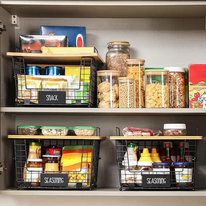 2 Set XXL Stackable Wire Basket with Bamboo Tops & Tag- Pantry Organizer and Storage Bins, Kitchen Counter Cabinet Shelf Countertop Under Sink Organizing, Food Snack Produce Onion Potato Bread Storage