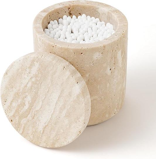 Travertine Qtip Holder Dispenser with Lid for Cotton Swabs,Balls,Pads,Floss Picks Large Capacity Marble Apothecary Jar for Bathroom Essentials Decor, Vanity Makeup Storage Organizer Beige(WH050)