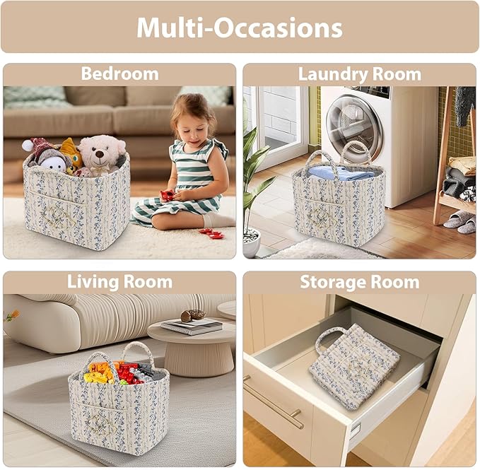 Storage Basket Boho Fabric Large Collapsible Floral Laundry Nursery Hamper Portable Folding Storage for Clothes Toys (Vine-Blue C)