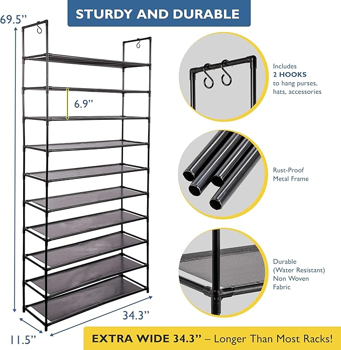 Sundaze Shoe Rack - 10 Tier Shoe Rack for Front Door Entrance, Sturdy Tall Shoe Organizer for Closet, Bedroom, Entryway, Garage, Non Woven Fabric Shelf, Black, Holds Up to 50 Pairs