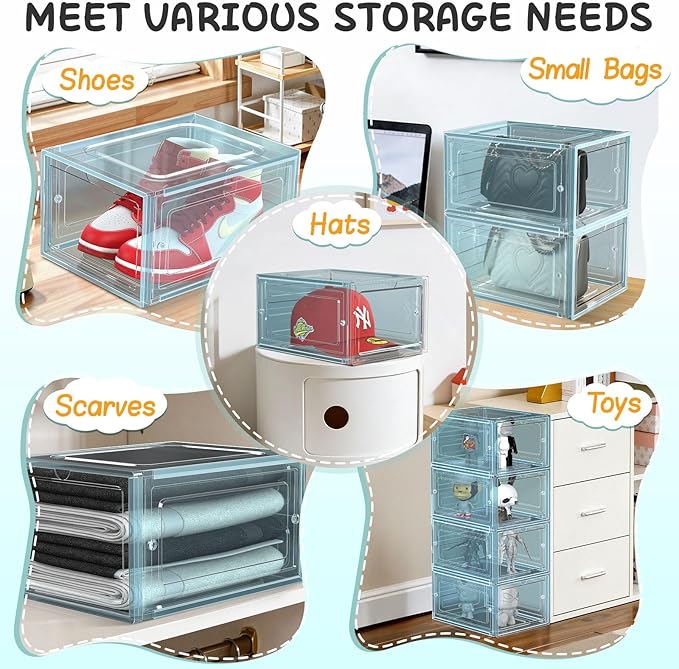 SCAVATA 6 Pack Hat Organizer Box, Stackable Clear Baseball Caps Holder Box Containers with Magnetic Door for Hats Snapback Cap Storag, Hat Rack Display Case, Holds 8 Hats Each (Blue)