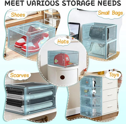 SCAVATA 6 Pack Hat Organizer Box, Stackable Clear Baseball Caps Holder Box Containers with Magnetic Door for Hats Snapback Cap Storag, Hat Rack Display Case, Holds 8 Hats Each (Blue)