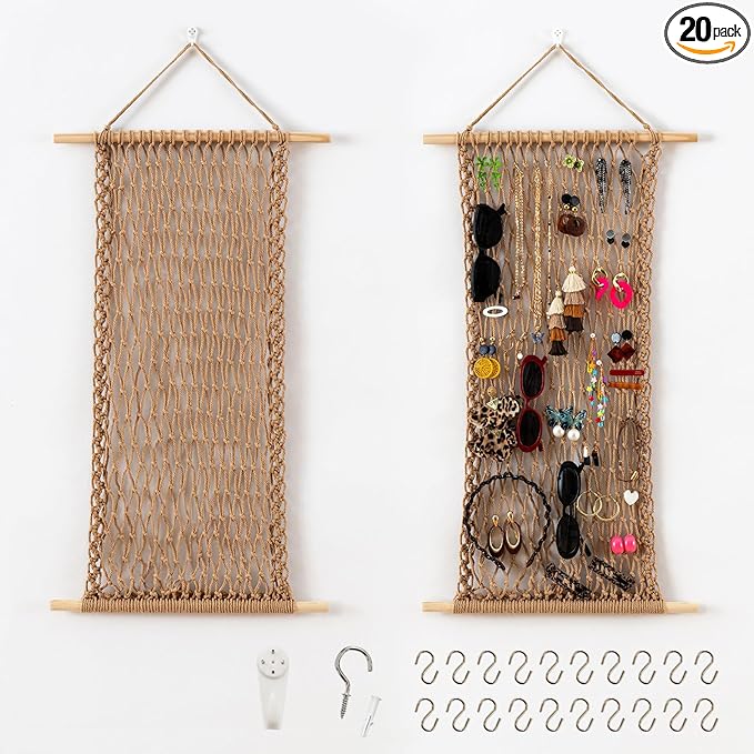Pretty Jolly Hanging Jewelry Mesh Organizer Macrame Wall Mounted Necklaces Storage Earring Display Rack Girls Hair Clips Hanger with 20 Pieces S Shape Hooks for Bracelets,Necklace and Rings(Twine)