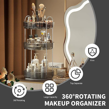 YCIA&DONE Rotating Makeup Organizer for Vanity, Large Capacity Make Up Storage Skin Care Shelf Perfume Holders Cosmetic Dresser Organizer Countertop Spinning 360 (Smoky Gray, 3Tiers)