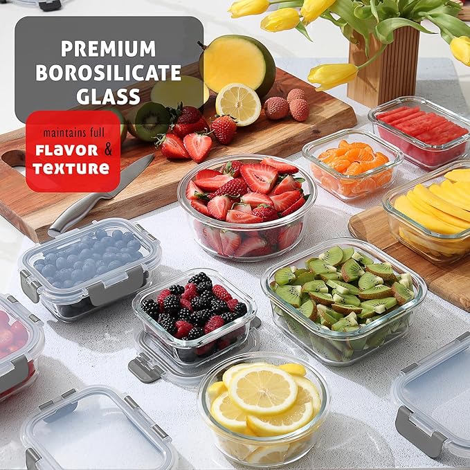 EATEX 24pc Glass Storage Containers with Lids, 12 Glass Food Storage Containers with 12 Airtight Lids for Pantry & Kitchen, Meal Prep Containers for Lunch, Oven Freezer Microwave & Dishwasher Safe