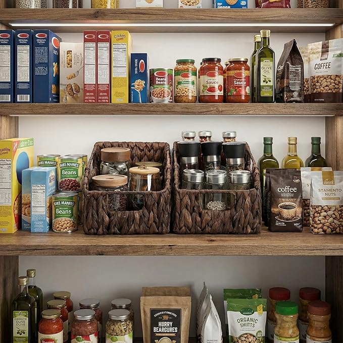 StorageWorks Pantry Baskets for Organizing, Water Hyacinth Storage Baskets for Shelves, Small basket with Built-in Handles, Pantry Organizers and Storage, Brown, Set of 2