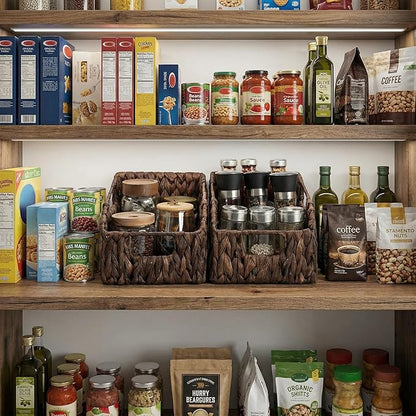 StorageWorks Pantry Baskets for Organizing, Water Hyacinth Storage Baskets for Shelves, Small basket with Built-in Handles, Pantry Organizers and Storage, Brown, Set of 2