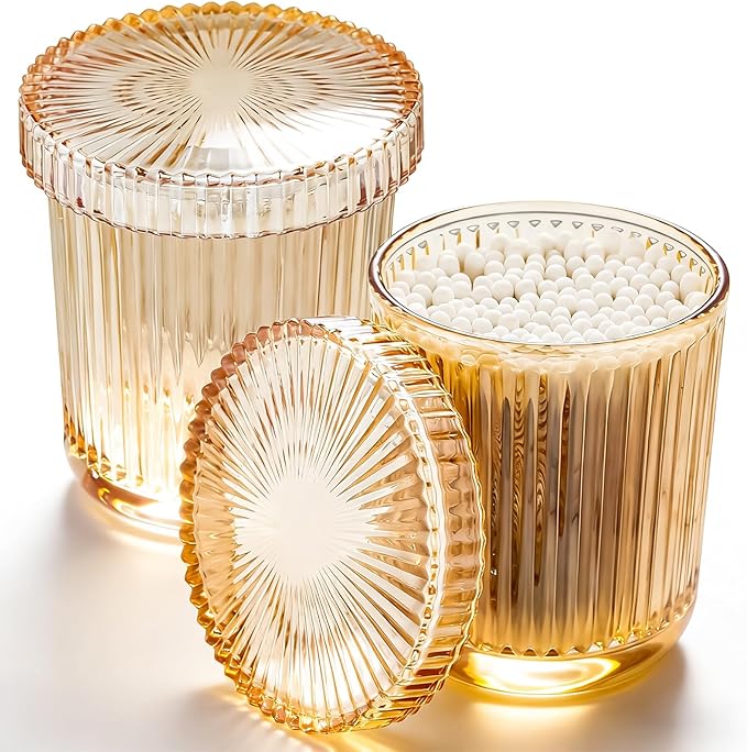 Glass Qtip Dispenser 2 Pack, Clear Bathroom Storage Organizer for Cotton Swabs, Balls, Pads & Floss Picks, Vanity Makeup Essential Accessories (Amber)