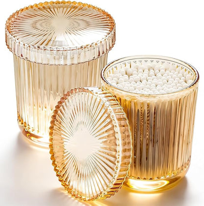 Glass Qtip Dispenser 2 Pack, Clear Bathroom Storage Organizer for Cotton Swabs, Balls, Pads & Floss Picks, Vanity Makeup Essential Accessories (Amber)