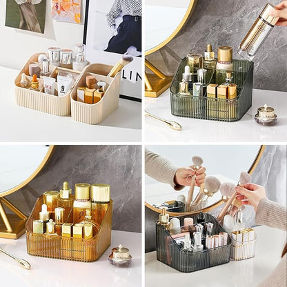 DASITON Large Capacity Makeup Brush Holder,3 Slots Makeup Brush Cup,Vintage striped Make Up Brush Holder,for Vanity Decor,Bathroom Countertops,Desk Storage Container,Cosmetic Display cases(Cream)