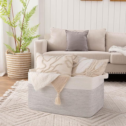 OIAHOMY Extra Large Blanket Basket, 95L Cotton Rope Woven Laundry Basket, Toy Bin for Baby Room, Container for Blanket Storage in Living Room, 24''×17''×14'', Black & White
