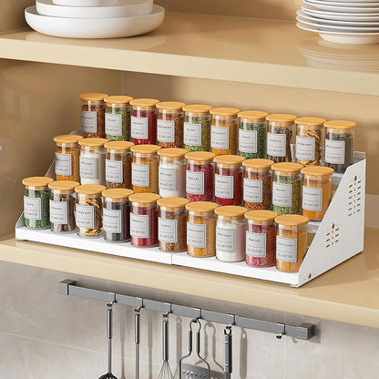 BOIVSHI Spice Rack, Spice Organization for Cabinet - Expandable Width, 3 Tiered Spice Rack Organizer for Cabinet - Adjustable Height, Seasoning Organizer for Cabinet, Countertop, Pantry, White