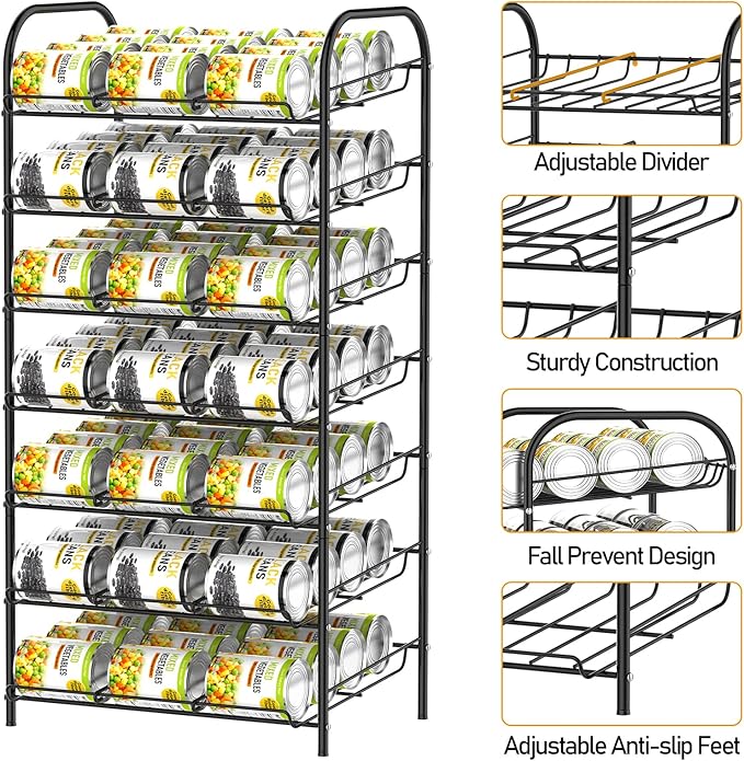 DOMYDEVM Can Rack Organizer, 7-Tier Can Storage Organizer, Black Beverage Soda Holder Holds up to 84 Can, Can Drink Storage Organizer for Pantry Kitchen