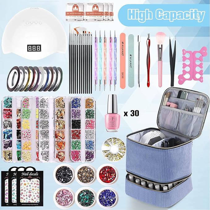 CTWWFS Corduroy Nail Polish Organizer and Nail Lamp Case, Nail Kit Organizer Holds 30 Bottles (15ml - 0.5 fl.oz) and a Nail Lamp, Nail Polish Carrying Case with Manicure Tools Storage Sections (Blue)