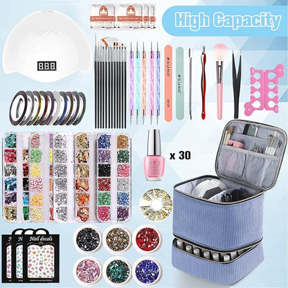CTWWFS Corduroy Nail Polish Organizer and Nail Lamp Case, Nail Kit Organizer Holds 30 Bottles (15ml - 0.5 fl.oz) and a Nail Lamp, Nail Polish Carrying Case with Manicure Tools Storage Sections (Blue)