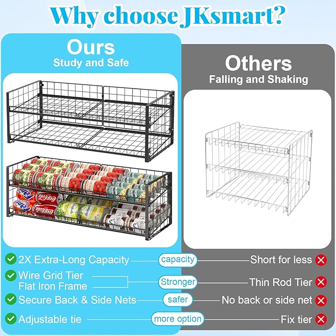 3 Tier Stackable Can Rack Organizer for Pantry Shelf, Adjustable Extra-Long Can Holder for Kitchen Storage, Sturdy Standing Rolling Can Dispenser for Canned Food Goods Drink Soup up to 96, Black