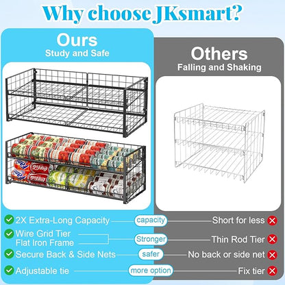 3 Tier Stackable Can Rack Organizer for Pantry Shelf, Adjustable Extra-Long Can Holder for Kitchen Storage, Sturdy Standing Rolling Can Dispenser for Canned Food Goods Drink Soup up to 96, Black