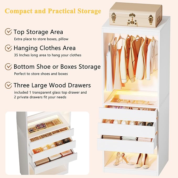 HUAHUU Freestanding 2FT Closet System with 3 Wood Drawers & Glasstop, 24" Closet Organizer System with Hanging Rod & LED Lights, Walk-in Closet Systems for Small Closets, White (24"L x 16" W x 80" H)