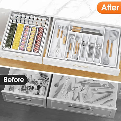 SpaceHacks Silverware Organizer，Adjustable & Expandable Utensil Drawer Organizer, BPA Free Utensil Holder, Cutlery Tray for Forks, Spoons, Knives in Kitchen, Large, White