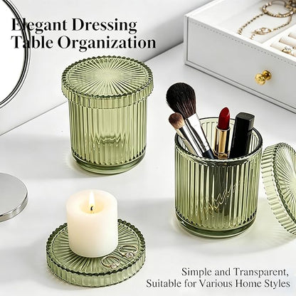 2 Pack Glass Qtip Holder Dispenser Set - Bathroom Organizer for Cotton Swabs, Balls, Pads, Floss Picks - Clear Apothecary Jars for Vanity, Makeup Storage, Bathroom Accessories Decor (Olive Green)