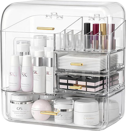 Luxury Makeup Organizer with 3 Drawers & Dustproof Flip Lid, Large Capacity Cosmetic Display Case for Vanity, Clear Countertop Skincare Storage with 6 Lipstick Slots