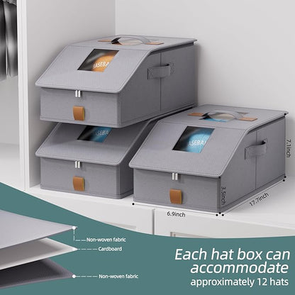 FHSQX Hat Organizer for Baseball Caps Stackable Storage Bins With Clear Window Lid Holds 12 Caps Space-Saving Hat Boxes for Closet (Deep Grey, (17.7 * 9.1 * 7.1in)*1)