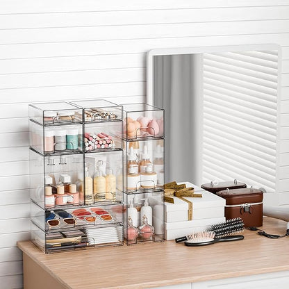 Yieach 4 Pack Clear Stackable Storage Drawers,4.4'' Tall Acrylic Drawer Containers for Organizing,Bathroom Organizers and Storage Bin Box,Plastic Makeup,Medicine Organizer Bins for Cabinet,Undersink
