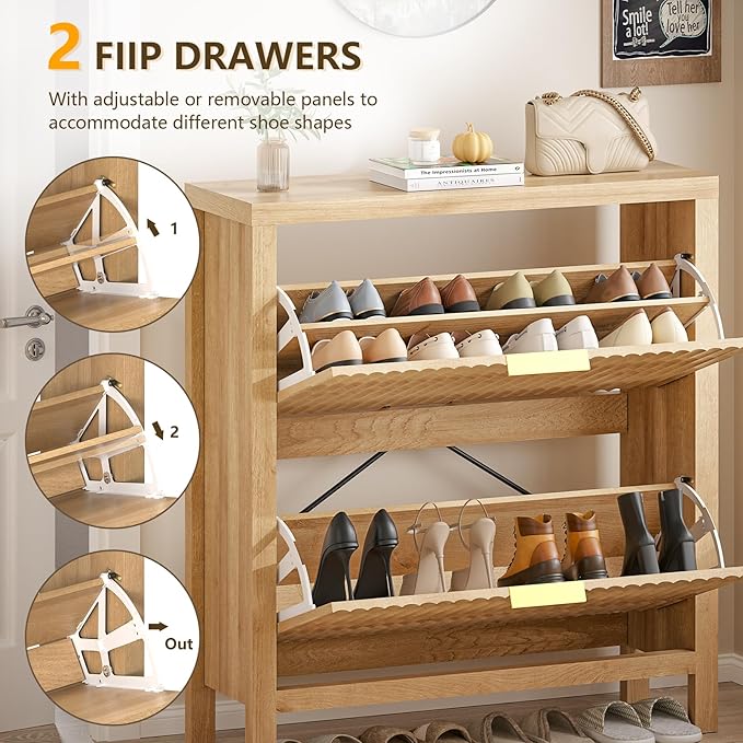 YOMILUVE Shoe Cabinet Storage for Entryway, Fluted Shoe Cabinet with 2 Flip Drawers, Hidden Shoe Rack Tall Freestanding Shoe Organizer with Legs for Hallway, Oak