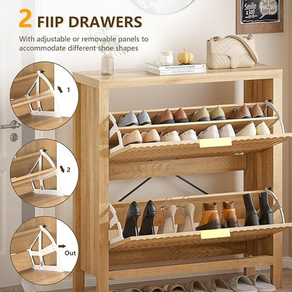 YOMILUVE Shoe Cabinet Storage for Entryway, Fluted Shoe Cabinet with 2 Flip Drawers, Hidden Shoe Rack Tall Freestanding Shoe Organizer with Legs for Hallway, Oak