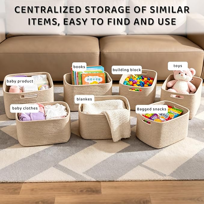4 Pack Storage Baskets for Organizing, 12''Lx9''Wx8''H Woven Baskets for Storage Toys, Towels, Books, and Clothes, Cotton Rope Basket for Shelves with Handle White & Brown