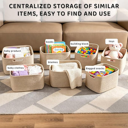 4 Pack Storage Baskets for Organizing, 12''Lx9''Wx8''H Woven Baskets for Storage Toys, Towels, Books, and Clothes, Cotton Rope Basket for Shelves with Handle White & Brown