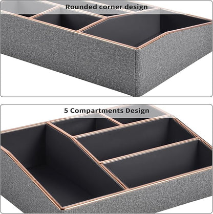 PU Leather Makeup Organizer Tray,Large Vanity Organizer,Cosmetic Storage Box for Lipstick Brushes Skincare Perfume,Cosmetic Display Case Rose Gold-trimmed for Dresser,Bathroom Countertop(Grey)
