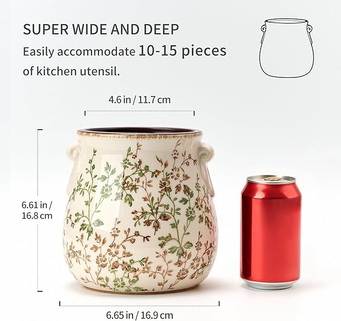 Utensil Holder for Kitchen Counter, Modern Farmhouse Rustic Cooking Utensil Holder and Crock, Exquisite Chinoiserie Floral Ceramic Utensil Organizer for Home Kitchen Decor- Green and Beige